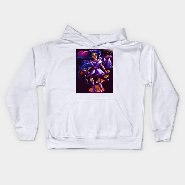 Anime girl with two puffs and lighting 2. Black afro anime girl in purple space fantasy scene ! beautiful  black girl with Braided hair, blue eyes, Cherry pink lips and dark brown skin. Hair love ! Kids Hoodie by Artonmytee